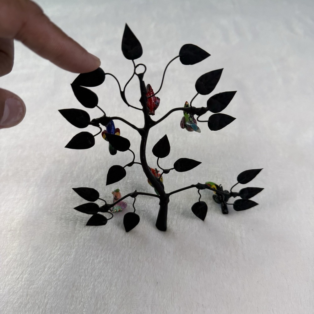 Vintage Miniature Metal Tree of Life 7 Hanging Glass Birds Folk Art 6” Decor